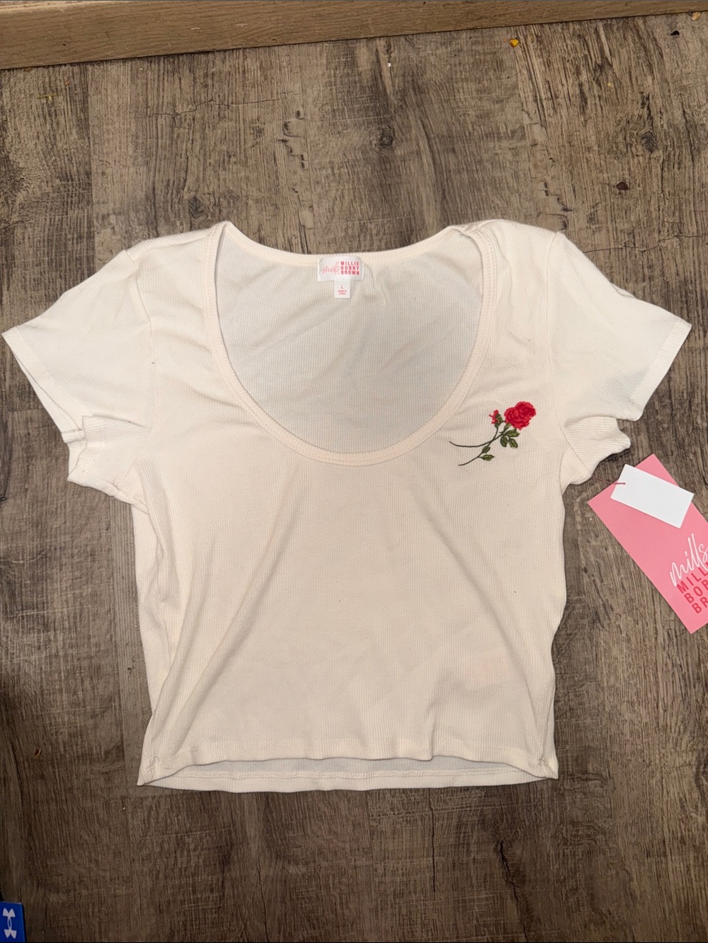 Scoop Neck Cream Crop Top with Rose Embroidery